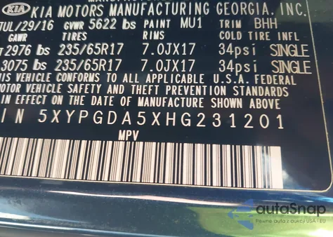 2017 Kia Sorento 3.3L Lx из США, поврежденный, VIN 5XYPGDA5XHG231201